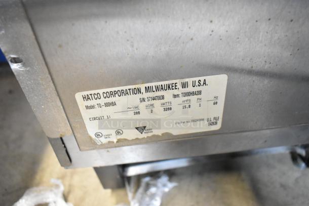 Hatco TQ-800HBA Toast Qwik stainless steel conveyor toaster oven, label showing 208V, 1PH, 3280W, 15.8A.