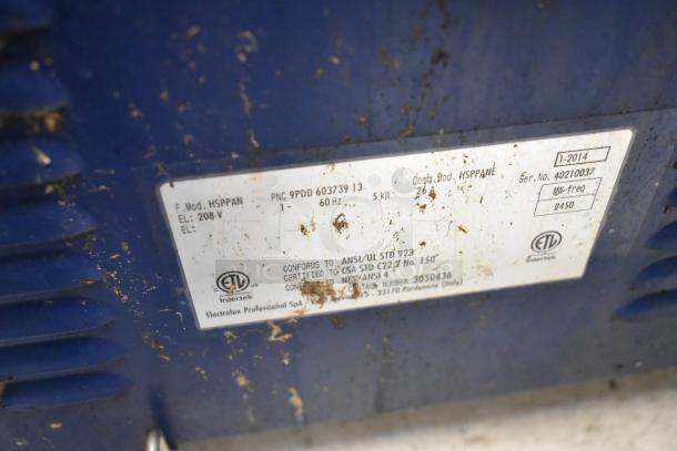 Electrolux HSPPAN Panini Press label, showing model, 208V, 1 phase, certification details. Used condition.