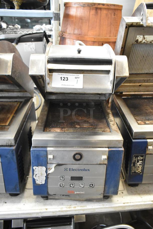 Electrolux HSPPAN metal commercial Panini press, 208 volts, 1 phase. Features visible wear; control panel intact.
