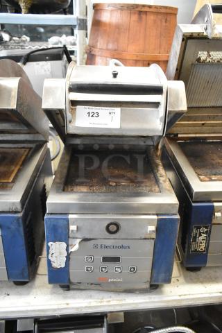 Electrolux HSPPAN metal commercial Panini press, 208 volts, 1 phase. Features visible wear; control panel intact.
