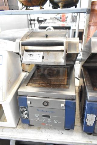 Electrolux HSPPAN metal commercial countertop panini press, 208 volts, 1 phase. Visible wear, Electrolux branding, model label intact.