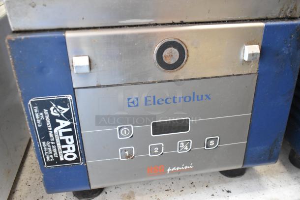 Electrolux HSPPAN Metal Commercial Panini Press, 208V, 1 Phase, showing wear, Alpro service label visible.