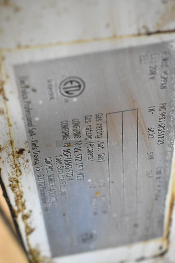 Electrolux HSPPAN Panini Press label, showing model, 208V, 1-phase. Visible wear, crucial for commercial kitchen use.