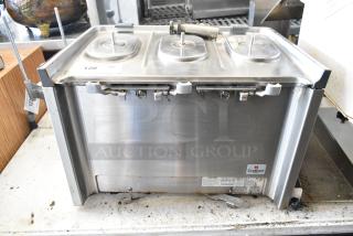 2017 Crathco CS-3L-16 stainless steel 3 hopper beverage machine base, 115V, 1-phase, good condition, some surface wear.