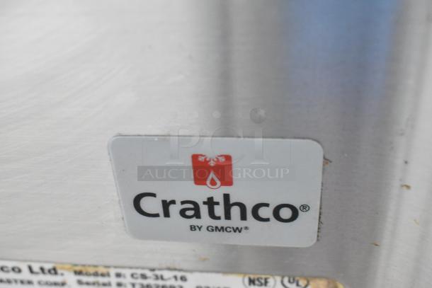 2017 Crathco CS-3L-16 beverage machine base, stainless steel, 3 hoppers, 115V, 1 phase, Crathco badge visible.