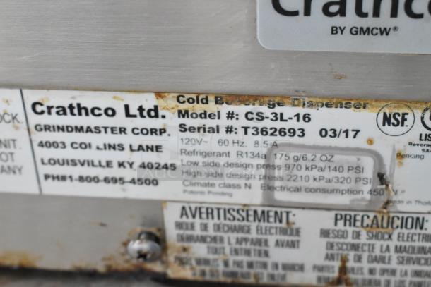 Crathco 2017 CS-3L-16 Stainless Steel Beverage Machine base label, indicating model and serial number. 115 Volts, 1 Phase.