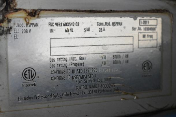 Label of Electrolux HSPPAN Panini Press, showing 208V, 5kW, 26A. Conforms to UL, NSF/ANSI standards. Serial No. 100800046.