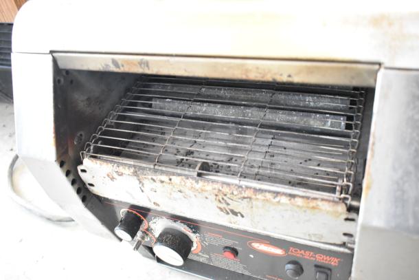 Hatco TQ-800HBA Toast Qwik stainless steel conveyor toaster, visible wear, dual knobs, 208V, 1 phase, commercial use.