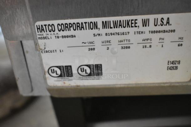 Hatco TQ-800HBA Toast Qwik stainless steel conveyor toaster oven, 208V, 1 phase, label showing model and specs.