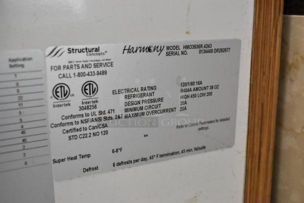 Structural Concepts metal merchandiser label, Model HMO3936R.4243, 120 Volts, 1 Phase. Shows electrical rating and certifications.