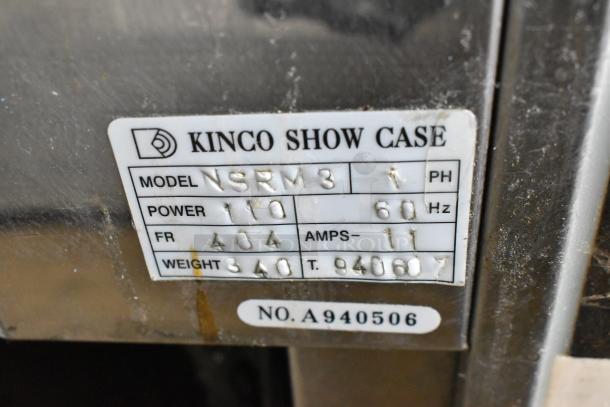 Kinco NSRM3 metal deli display case, 110V, 1 phase, model tag with specifications visible.