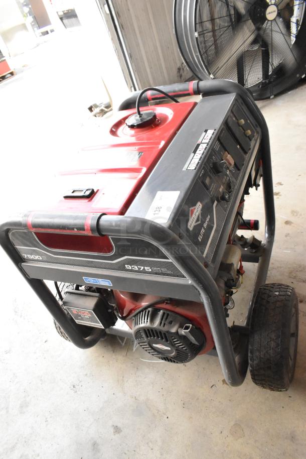 Briggs & Stratton Elite Series 030549 Generator, 7500W, 9375 starting watts, red and black, portable with wheels, good condition.