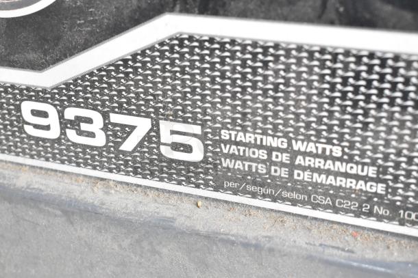 Briggs & Stratton Elite Series 030549 Generator label showing 9375 starting watts in English and French.