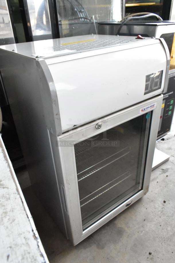 AHT Coolpoint CMV 50 mini cooler merchandiser, single glass door, 115V, 1 phase, metal, some wear, visible branding and controls.