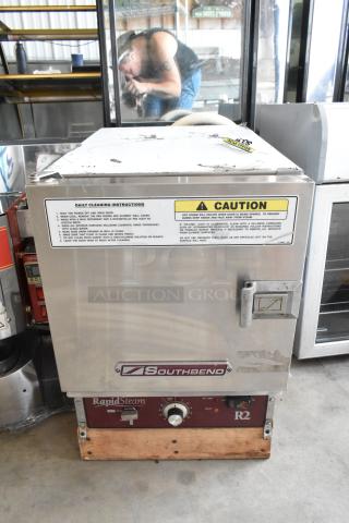 Southbend R2 RapidSteam stainless steel steam cabinet, 208V, 3 phase, single deck, with cleaning instructions and caution label.
