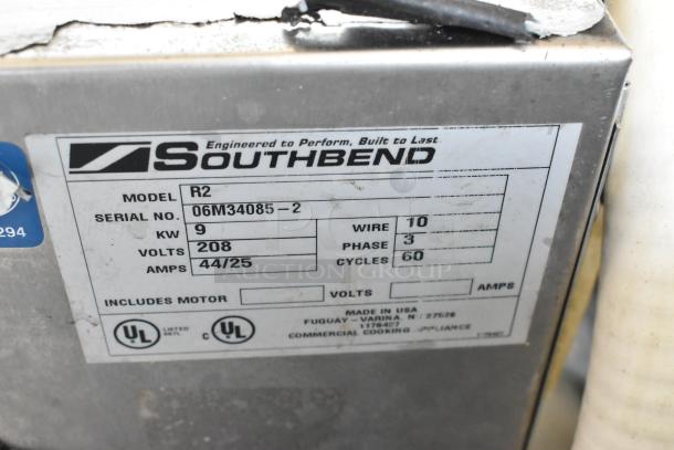 Southbend R2 RapidSteam countertop steam cabinet tag showing model, serial number, 208V, 3-phase details. Made in USA.