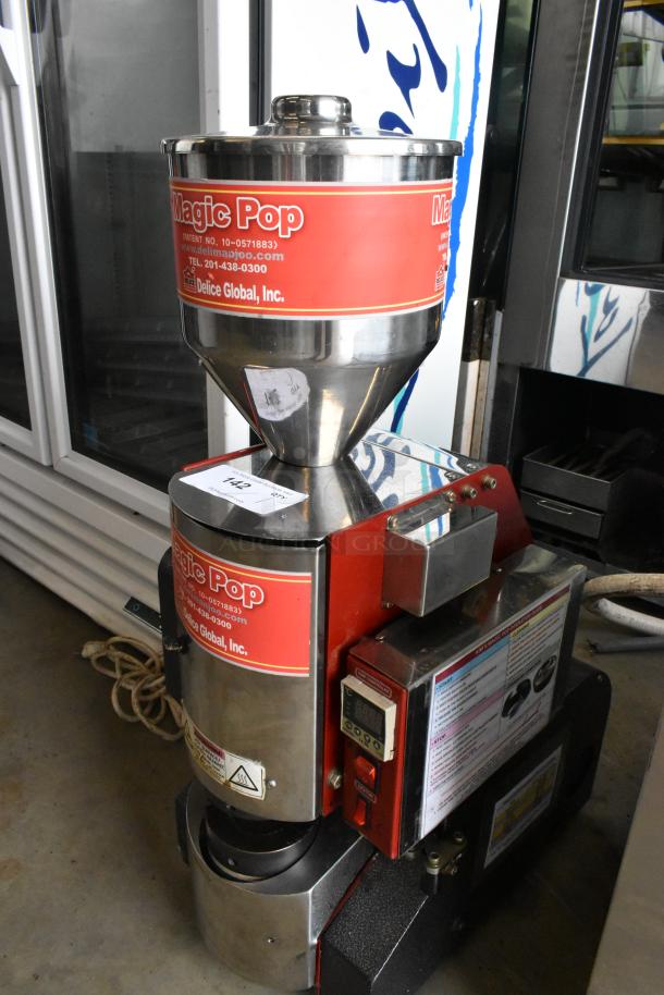 Magic Pop DMP-1 metal commercial rice cake machine, 115 volts, 1 phase, features branded markings and instruction labels.