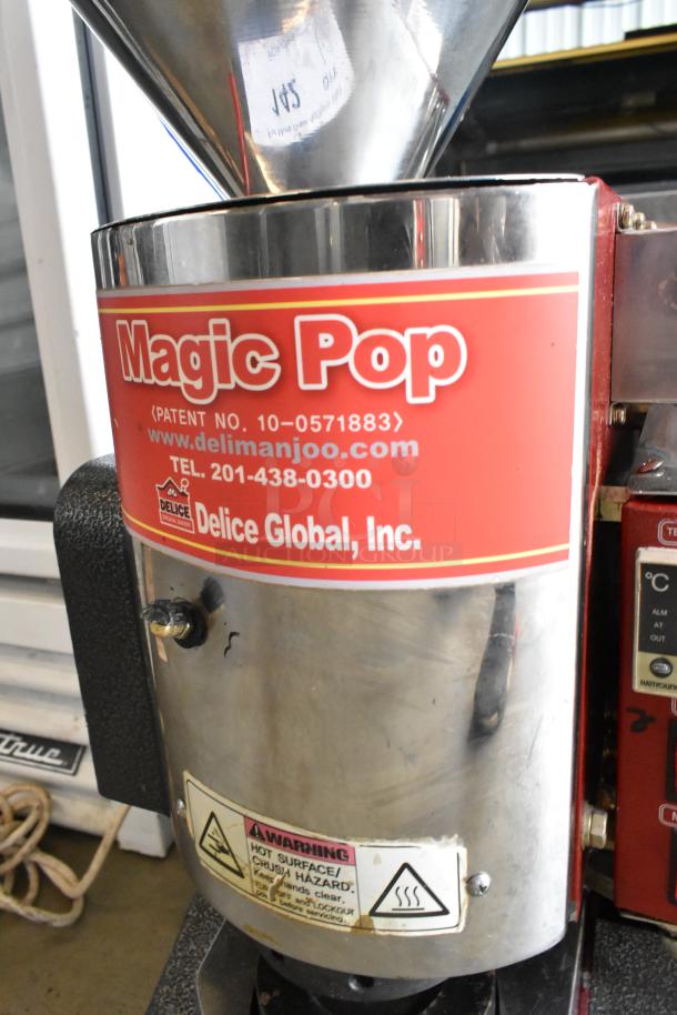 Magic Pop DMP-1 Metal Commercial Rice Cake Machine with visible logo and warning labels, 115V, 1 Phase.