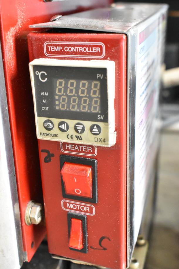 Magic Pop DMP-1 rice cake machine, featuring a digital temp controller and switches for heater and motor functions. 115V, 1 phase.