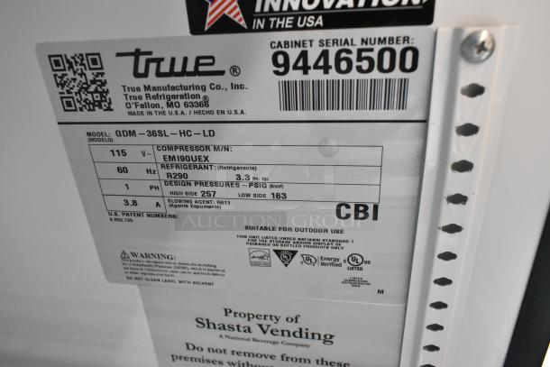 2019 True ZGDM-36SL-HC-LD commercial cooler label, 115V, 1 Phase, with serial number 9446500 and specs for refrigerant R290.