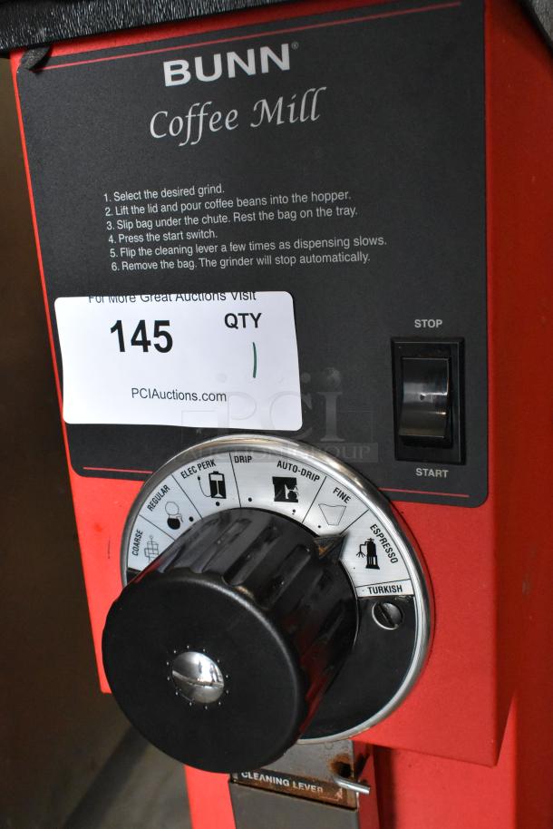 Bunn Commercial Countertop Coffee Bean Grinder, 120V, 1 Phase. Features grind settings, start/stop switch, cleaning lever.