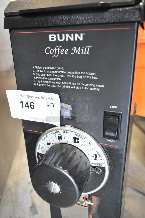 Bunn G3 HD Metal Commercial Coffee Bean Grinder, 120V, 1 Phase, featuring grind settings dial and start/stop switch.