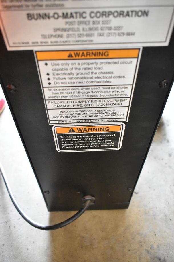 Bunn G3 HD commercial coffee grinder, metal build, 120 volts, warnings and specifications visible.