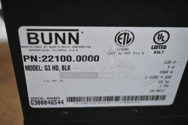 Bunn G3 HD Commercial Coffee Bean Grinder label, showing model, serial number, 120V power, and ETL/UL listings.
