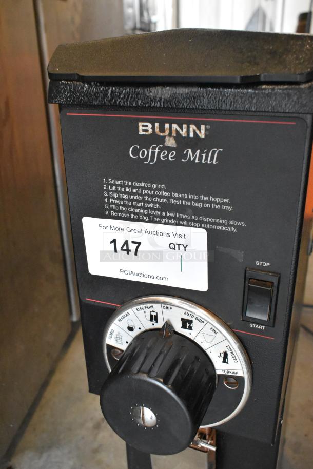 Bunn G3 HD metal commercial coffee bean grinder, 120 volts, 1 phase. Features grind settings and start/stop switch.