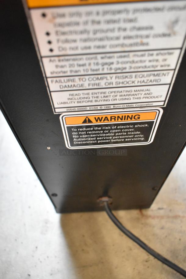 Bunn G3 HD Commercial Coffee Grinder, countertop model, metal construction, 120V, 1 Phase. Warning label visible.