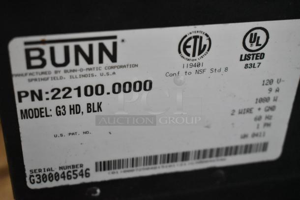Bunn G3 HD Metal Coffee Grinder label, showing model, voltage, and certifications.