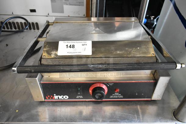Winco EPG-1 stainless steel commercial panini press, countertop model, 120 volts, 1 phase, with visible control knobs.