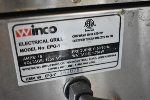 Winco EPG-1 stainless steel commercial panini press with label showing electrical specs: 120V, 15A, 1.75kW.