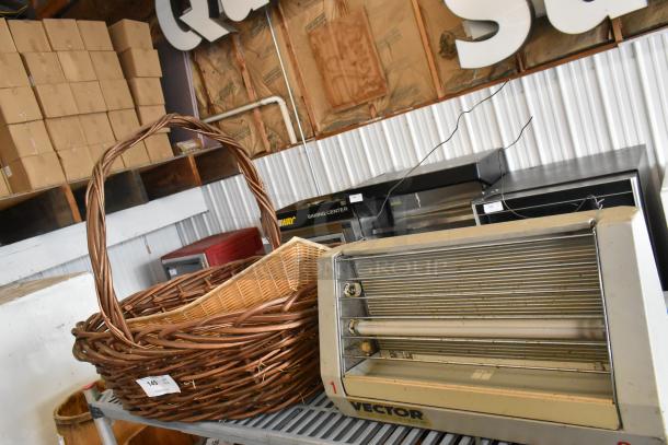 Three items including two wicker baskets and a Vector E123180 bug zapper, displayed on a metal shelf.