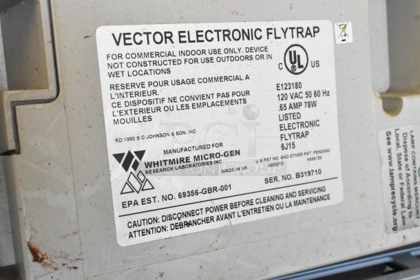 Vector E123180 Bug Zapper label, indicating indoor use, 120 VAC, 0.65 AMP, Whitmire Micro-Gen, Series B319710.