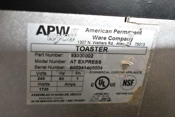 APW Wyott AT EXPRESS stainless steel conveyor toaster oven label. 240V, 1-phase, part number 93300002, NSF certified.