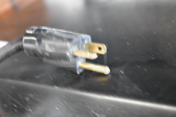 Alt text: APW Wyott AT EXPRESS stainless steel plug for commercial conveyor toaster oven, 240V, 1 phase.