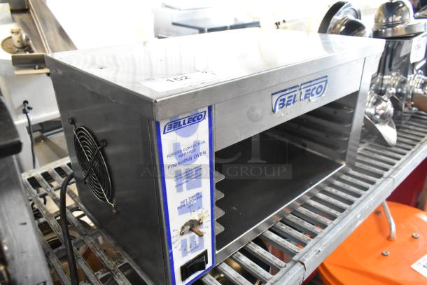 Belleco JW-1 stainless steel commercial countertop cheese melter, 120V, 1 phase, with timer dial and ventilation fan.