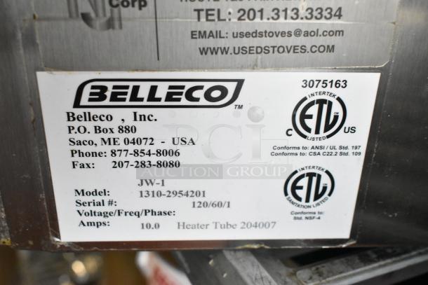 Belleco JW-1 stainless steel commercial countertop cheese melter, with label showing model, voltage, and certification details.