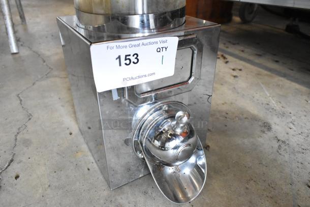 Metal dry dispenser with chrome finish, features a scoop-style spout. Auction label "153" indicating quantity of 1.