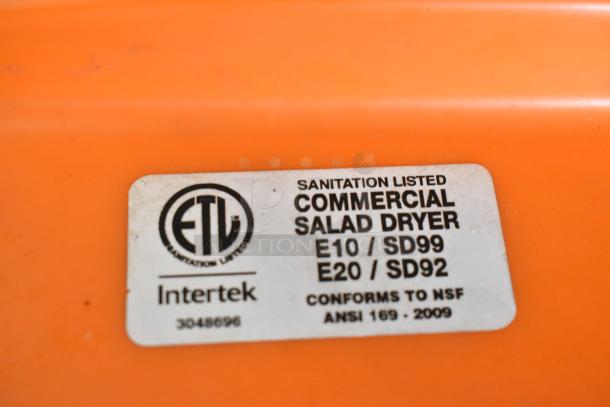 Orange Poly Lettuce Spinner label with Intertek certification, sanitation listed for commercial use, model E10/SD99, conforms to NSF.