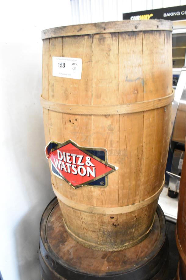 Four wooden barrels with "Dietz & Watson" label, showing rustic wear, lot number 158, quantity 4.