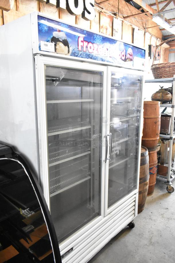 Turbo Air TGF-49F commercial 2-door freezer merchandiser, metal body, poly-coated racks, on casters, 115 volts, 1 phase.