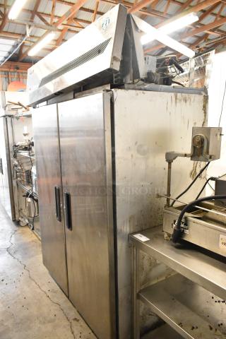 Hoshizaki RHZ-AAC stainless steel 2-door commercial cooler with poly-coated racks, casters, 115V, 1 phase, used condition.