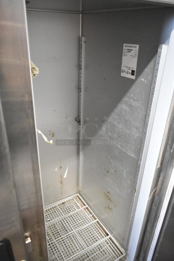 Hoshizaki RHZ-AAC stainless steel 2-door reach-in cooler with poly-coated racks, visible interior wear and model label.