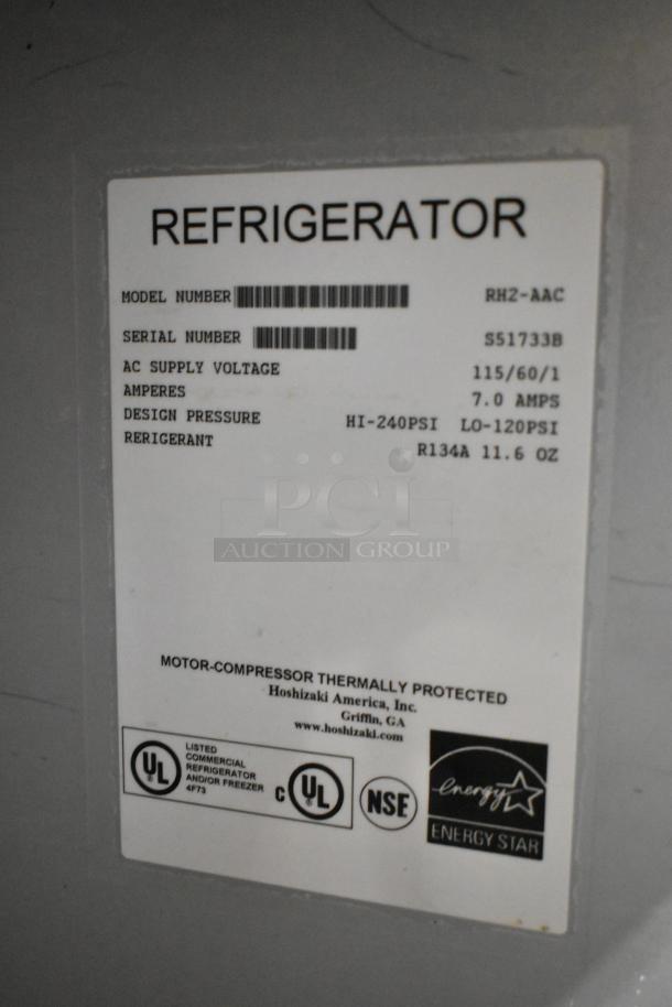 Hoshizaki RHZ-AAC 2 door reach-in cooler, stainless steel, poly-coated racks, commercial casters, 115V, 1 phase, label shown.