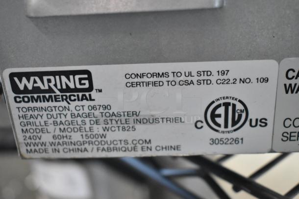 Waring WCT825 heavy-duty stainless steel 4-slot toaster, 240V, model label showing certifications and specifications.
