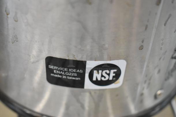 Metal air pot with NSF label, Service Ideas ENALG22S, made in Taiwan. Visible wear adds to vintage appeal.