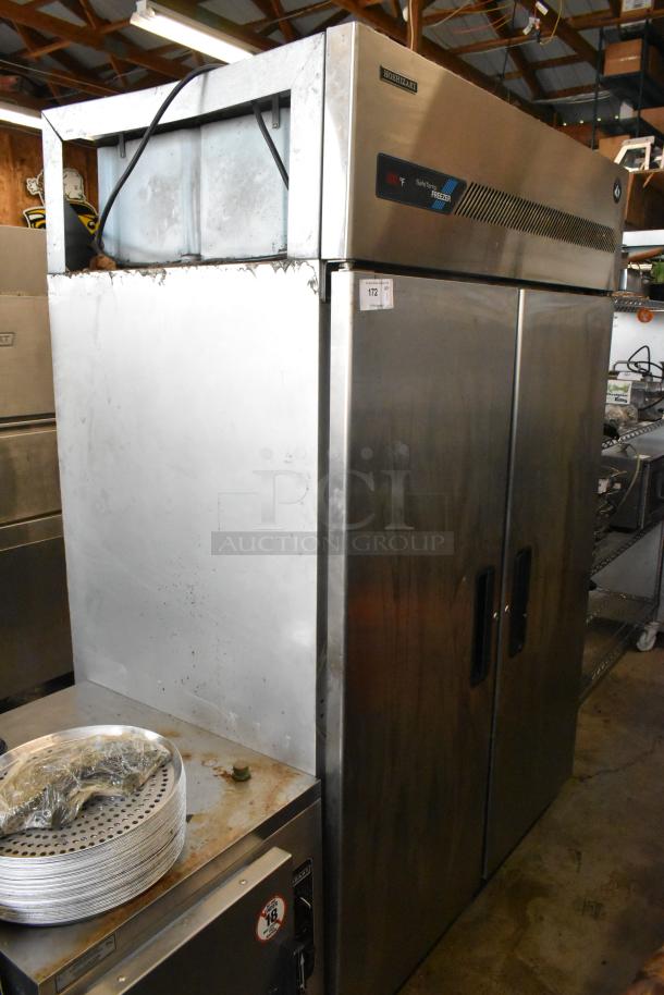 Hoshizaki FH2-AAC stainless steel 2-door reach-in freezer with poly-coated racks on commercial casters, 115V, 1 phase.