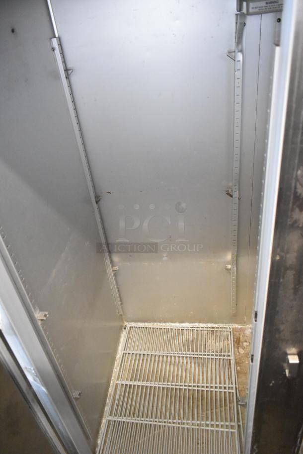 Hoshizaki FH2-AAC stainless steel 2-door freezer interior with poly-coated racks and commercial casters. 115 Volts, 1 Phase.
